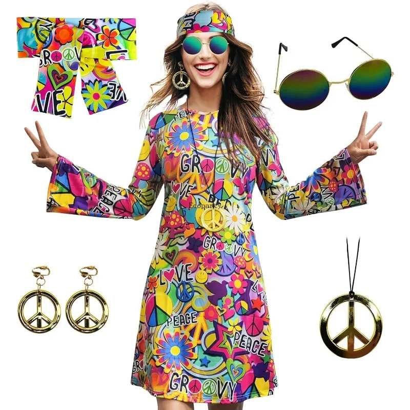 Disfraz Hippie de los 70, Collar, Pendientes, Gafas de Sol, Atuendo Disco para Mujer, Disfraz de Fiesta de los 60, Vestidos Retro de Halloween, Disfraz
