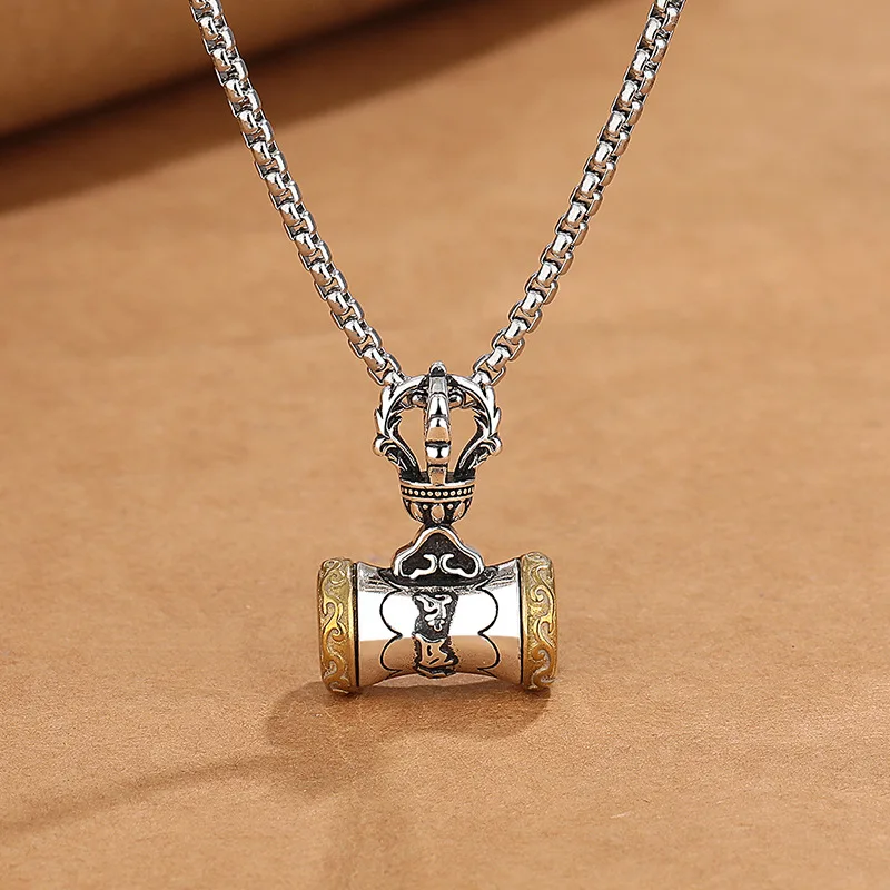 Ethnic Style Gold Silver Collision Vajra Hammer Pendant For Men Jewelry Blessing Six Character Great Bright Mantra Necklace Male