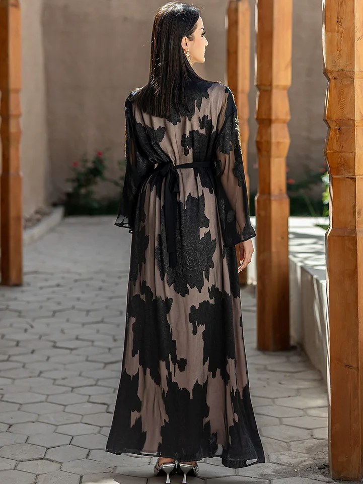 Ramadan Muslim Fashion Women's Black Gold Lace Embroidered Two