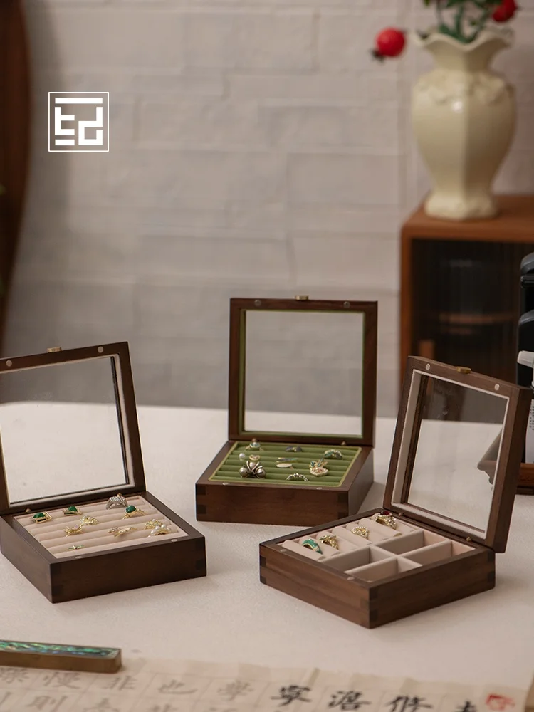 

Ele Vintage Wooden Jewelry Box with Glass Cover Ring Storage Organizer Luxury Feel Desktop Accory for Everyone
