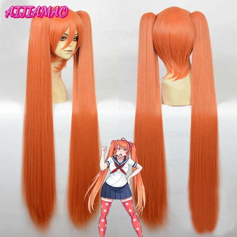 Game Yandere Simulator Osana Najimi 110cm Long Orange Pink Straight Cosplay Wig Heat Resistant Hair Cosplay Wigs + wig cap