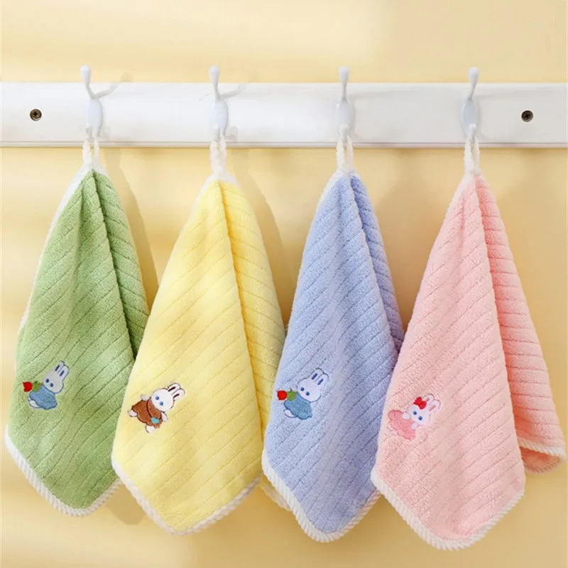 1Pc 25x50cm Cartoon Rabbit Embroidery Coral Fleece Soft Absorbent Baby Child Hand Towel With Loop