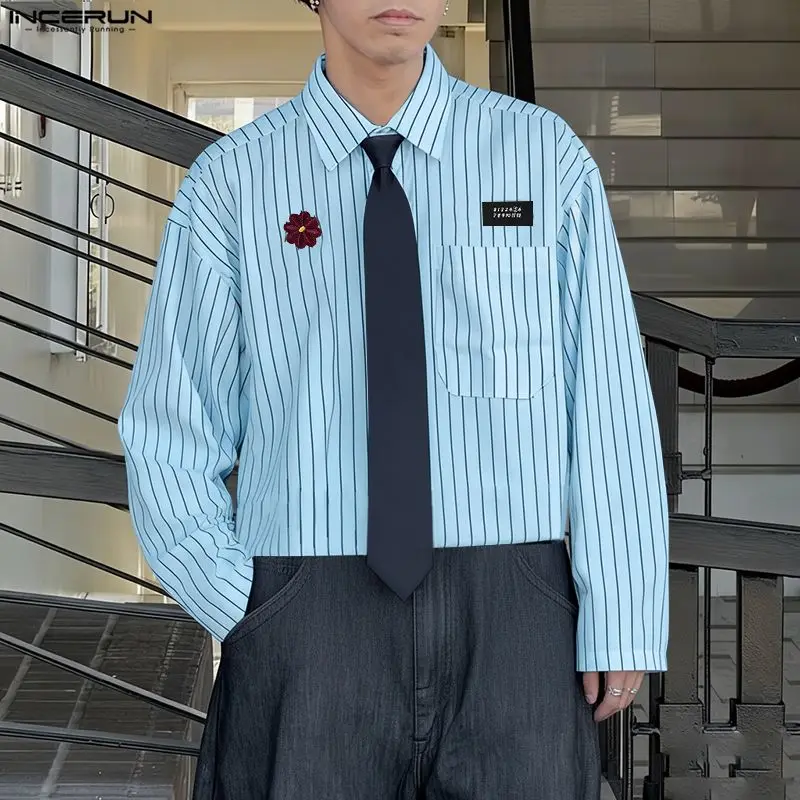 

INCERUN Мужская рубашка в полоску в стиле пэчворк с лацканами и длинными рукавами, свободная мужская одежда, уличная одежда с карманами, модные повседневные топы, мужские рубашки 2026