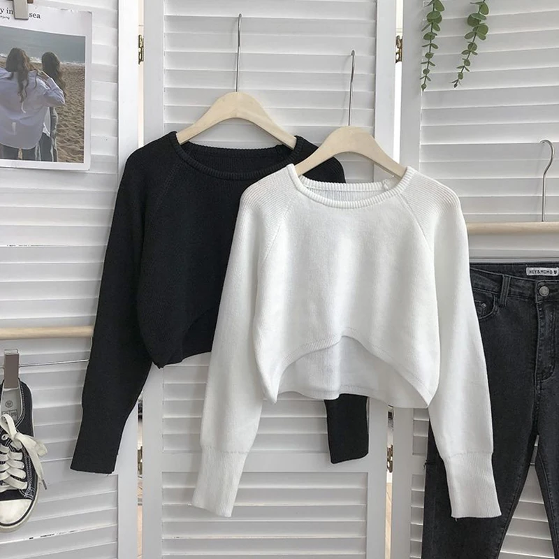 Xpqbb Women Cropped Sweater Jumpers Vintage Vintage Streetwear Knitting Pullovers Female Harajuku Simple Loose Casual Sweaters