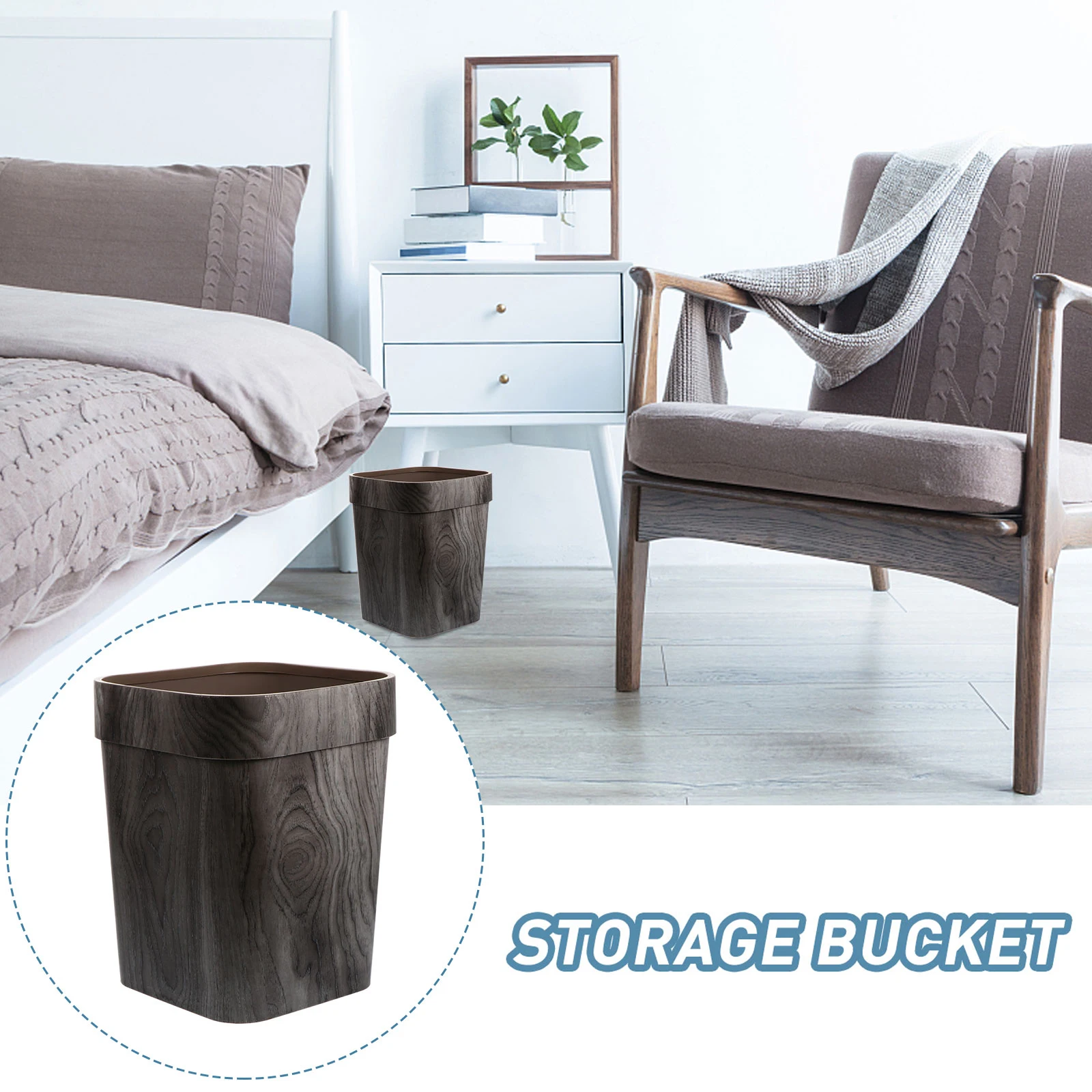 

Plastic Waste Bin Household Garbage Can Square Bucket Wood Grain Sturdy Suitable Home Office Hotel Restaurant Cafe Trash