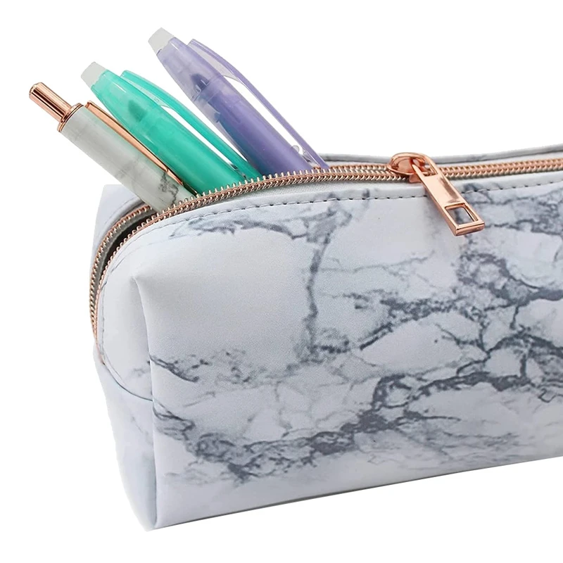 White Marble PU Stationery Pencil Case Pouch Makeup Bag With Zip For Girls Woman's Teenagers