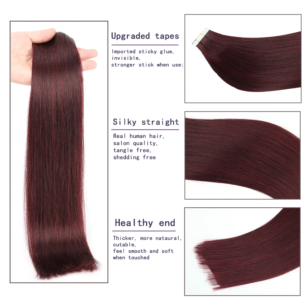 99J# Tape In Hair Extensions Remy Add Hair Straight Seamless Tape In Human Hair Extensions for Women Burgundy 24 Inch 20pcs 50g