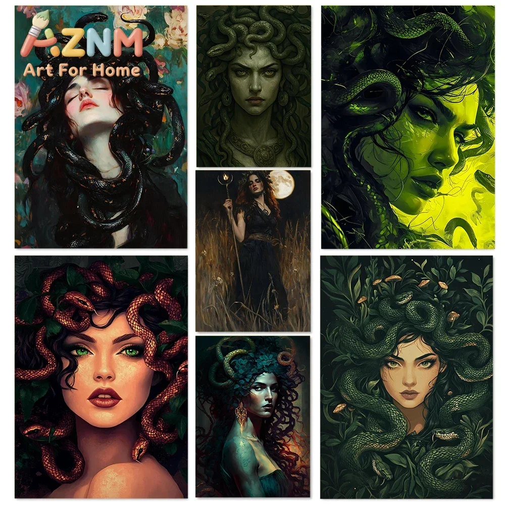 AZNM Medusa Greek Myth Canvas Wall Art, Snake Hair Goddess Witch Dark Fantasy Print, Living Room Wall Decor Poster