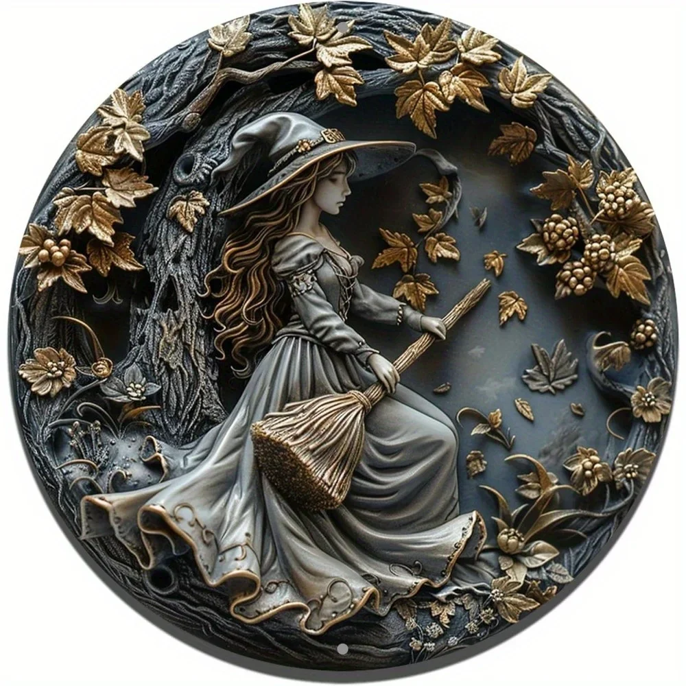 

Enchanting 2D Witches Round Aluminum Sign, Imitation Relief Style, Door and Wall Decor, Durable Hanging Ornament for Home Accent