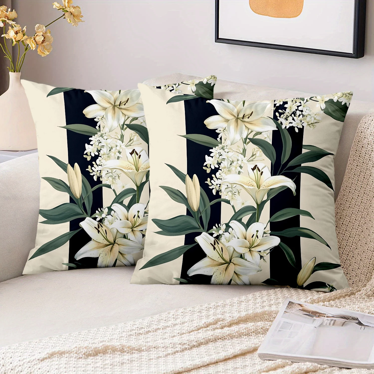 1 Pieces Vintage Lily Floral Striped Throw Pillow Covers Pattern Cushion Cover Suitable for Sofa Bedroom Car Pillow Cover