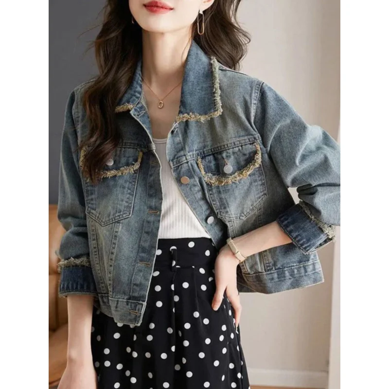 Female Spring  Autumn New Small Design Feeling Harbor Wind Jacket Women's Clothing American Vintage Raw Edge Short Denim Coat