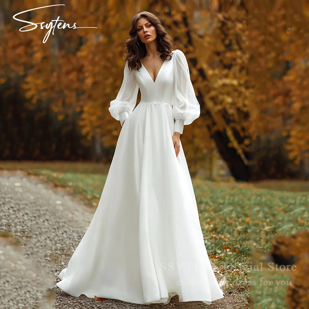 

SSYTENS Customized Simple A-Line Wedding Dresses V-Neck Long Puff Sleeve Civil Bridal Grown Formal Prom Party Wear Bride Dresses