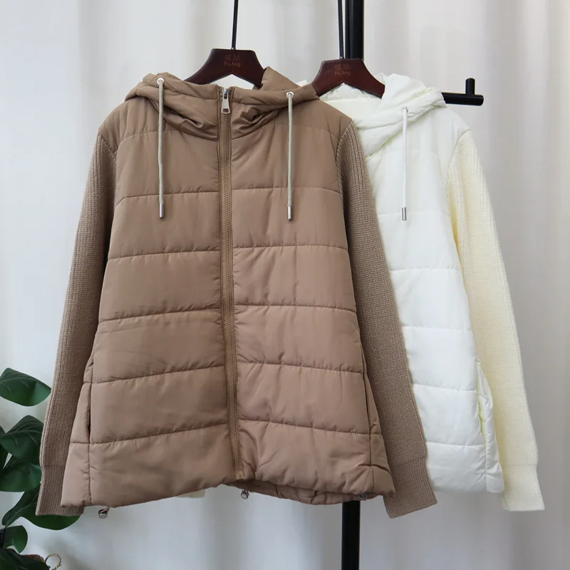 Women Knitted Parka Jackets Hooded Short Coats Casual Jackets White Long Sleeves Zipper Drawstring Hem Loose Elegant 2025 Winter