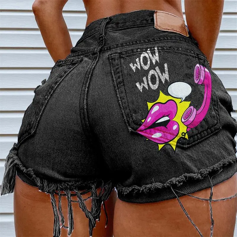 Women's Denim Shorts 2024 Summer New European And American Wind-Worn High Waist Printed Fashion Casual Plus Size Shorts