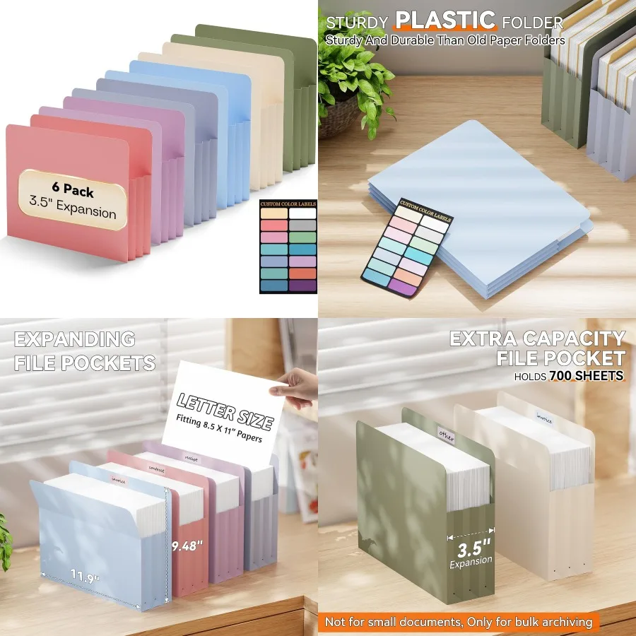 

Plastic 3.5 inch Expanding File Pockets 6 Pack Poly File Pockets Letter Size Extra Capacity Straight-Cut Tabs File Jacket Expan