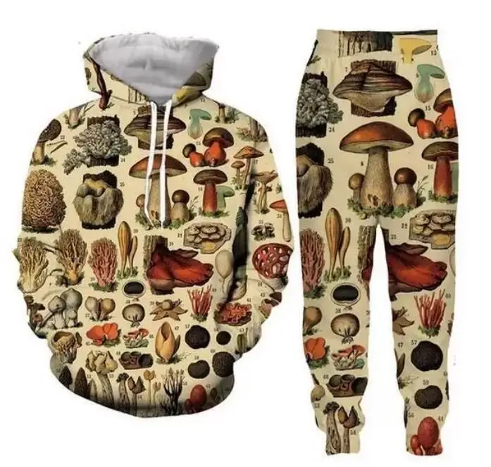 الفطر نمط ثلاثية الأبعاد طباعة الخريف هوديس السراويل مجموعات الرجال بلوزات Sweatpants في الهواء الطلق قطعتين الدعاوى رياضية رجل الملابس