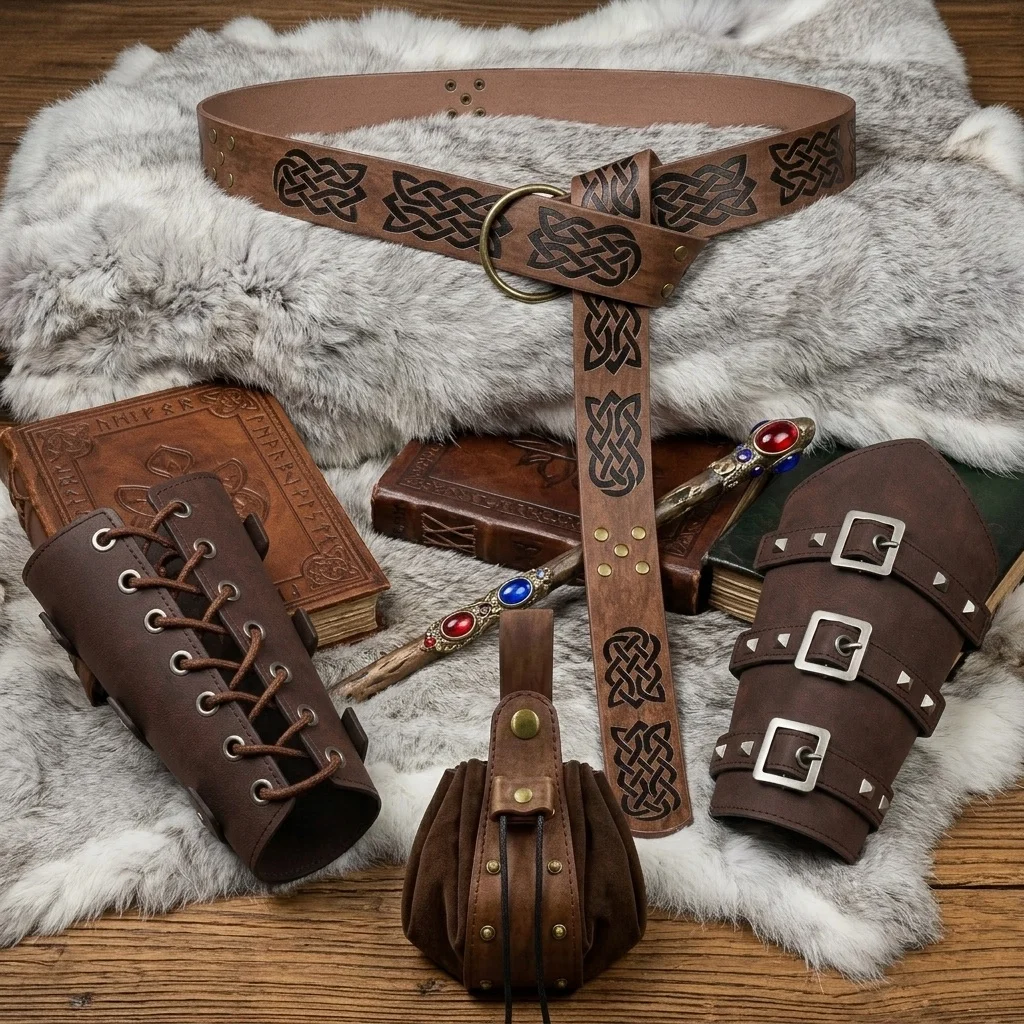 4pcs Renaissance Costume Accessories Retro Celtic Knot Pattern Leather Belt Drawstring Waist Bag Knight Bracers Arm Guards for Halloween LARP Cosplay Party
