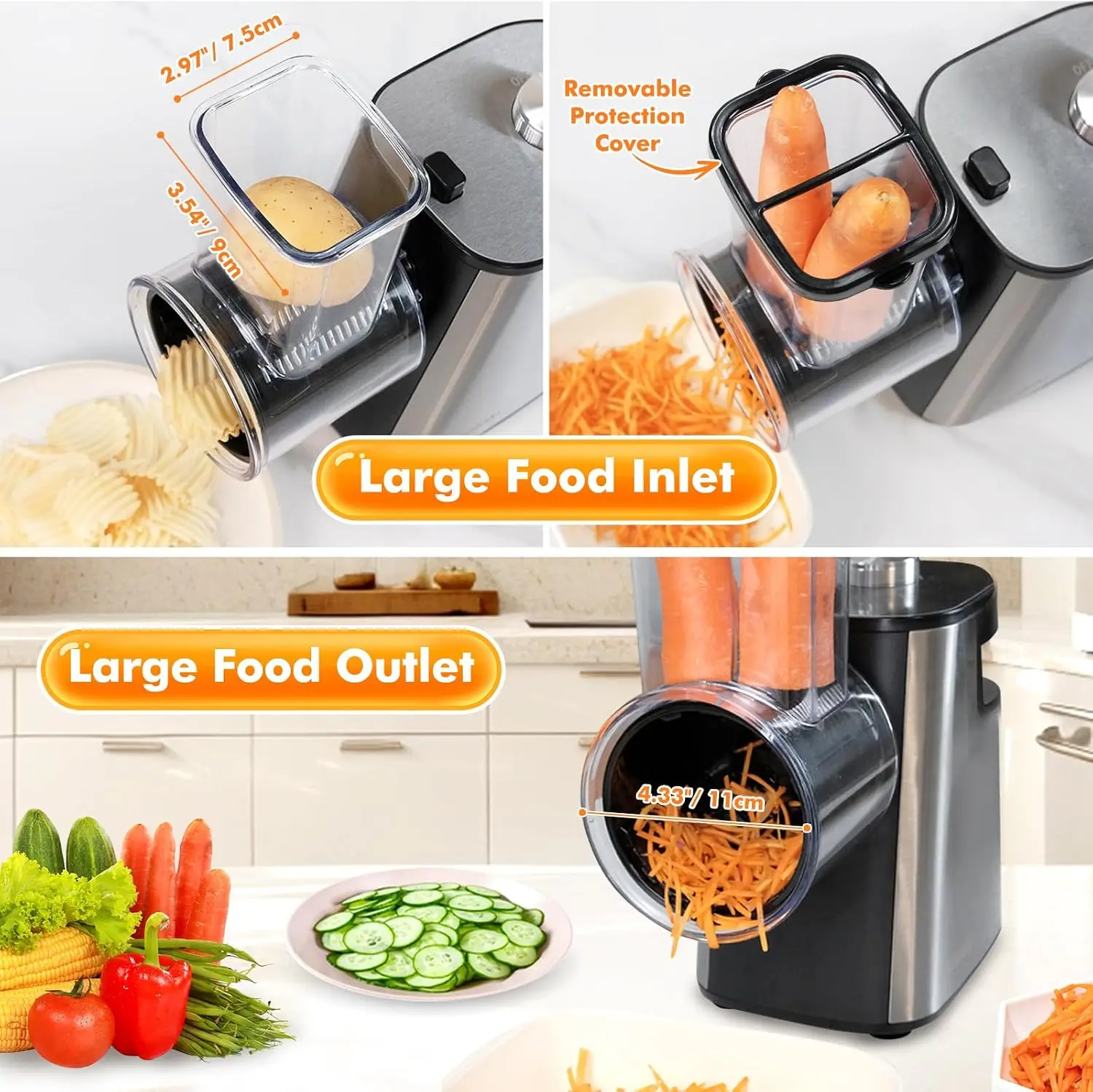 6-In-1 Electric Cheese Grater Rotary Vegetable Shredder Slicer 250W | Vegetable Fruit Shred & Slice & Grind, Stainless Steel, La