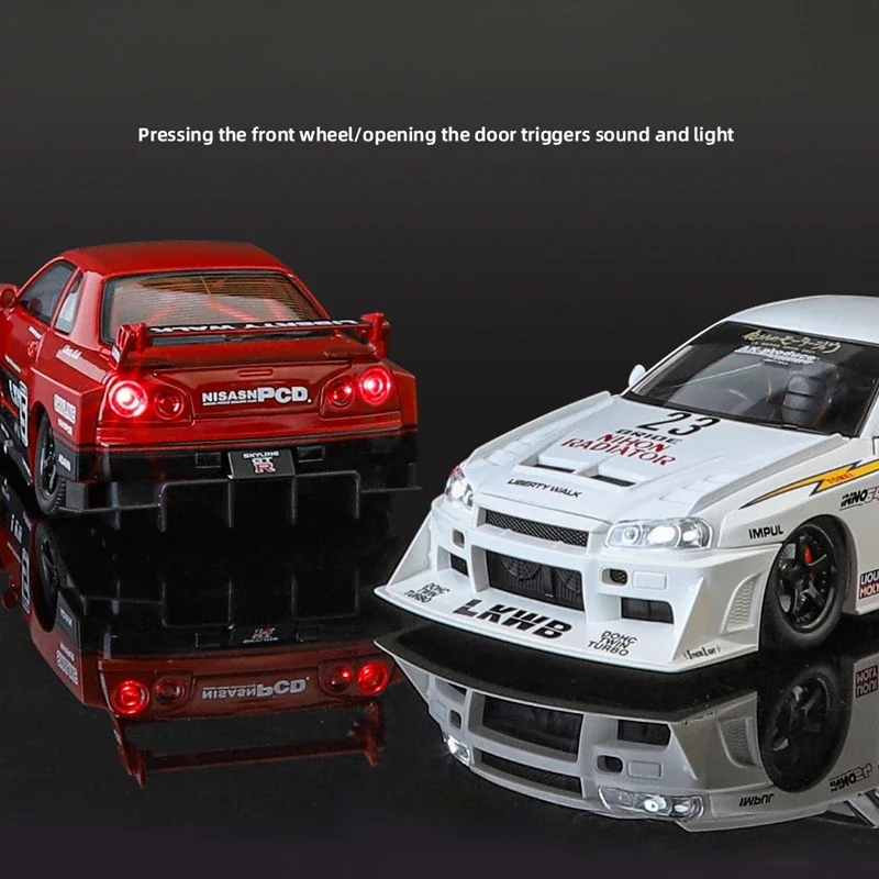 Nissan Skyline GTR-S15 Alloy Supercar Model Diecast Toy Simulation 1:24 Vehicle For Boy Gift Sound Light Miniature Voiture