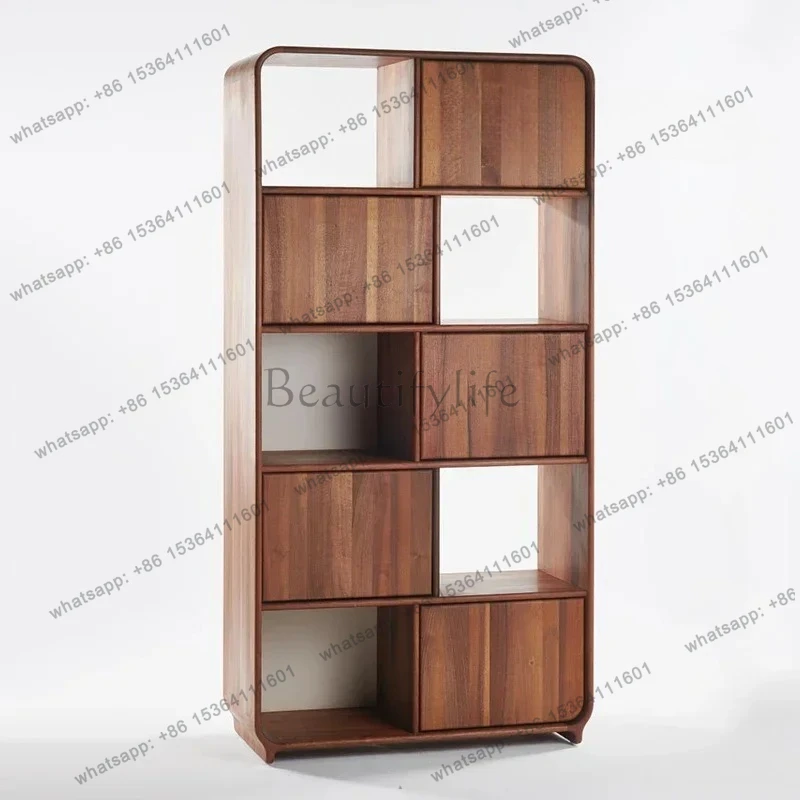 

FG10Nordic black walnut bookcase jewelry cabinet living room solid wood shelf display rack lattice bookshelf
