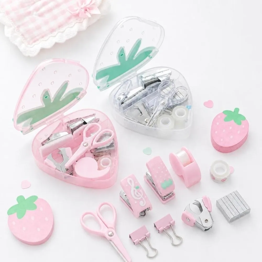 9Pcs/Box Mini Stapler Puncher Tool Set Lightweight with Strawberry Box Stapler Scissors Tool Student Specific Tool Set