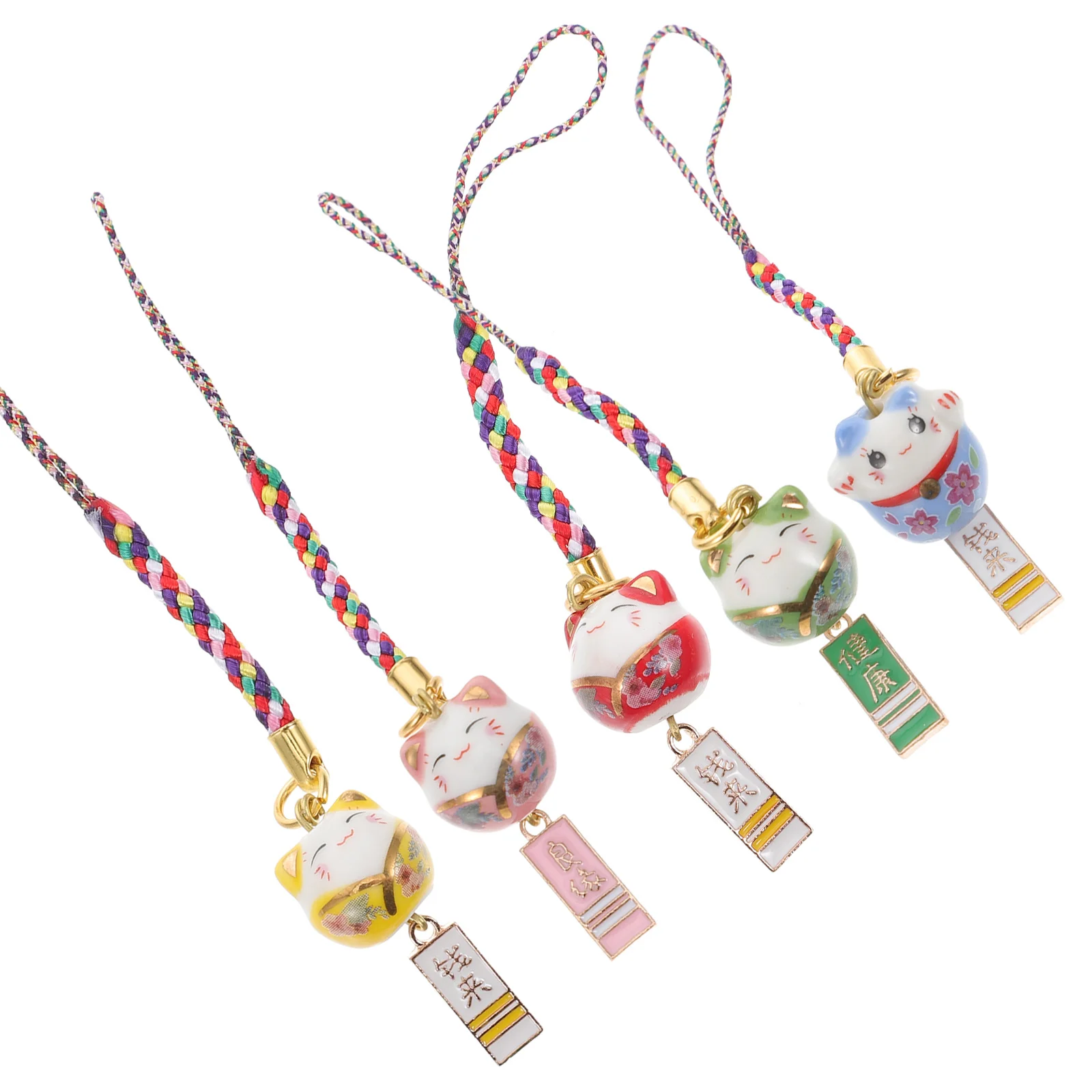 5 Pcs Ceramic Lucky Cat Lovely Fortune Car Gadgets Telephone Copper Bell Pendant Charm Strap Decoration Ceramics Toddler