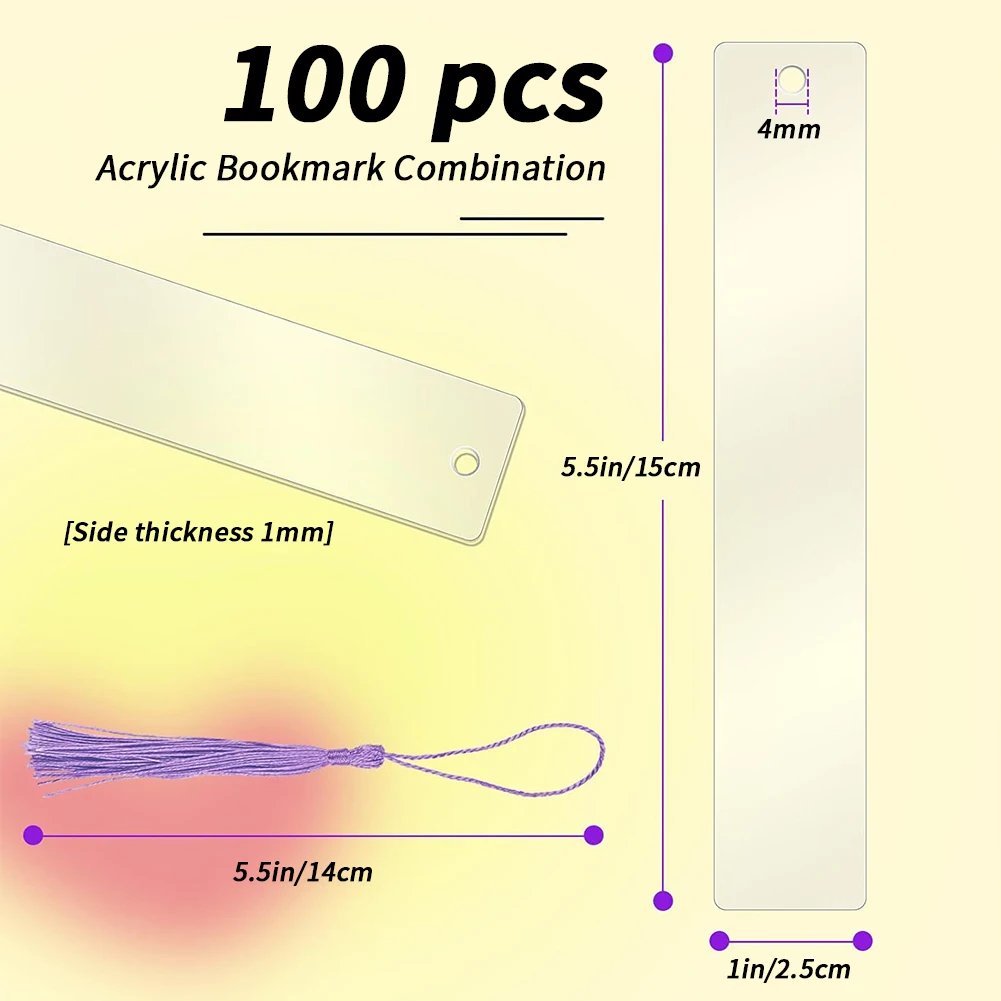 100pcs Transparent Acrylic Book Markers With 100pcs Colorful Tassels Bookmark Personalized Tassels Blank Bookmarks DIY