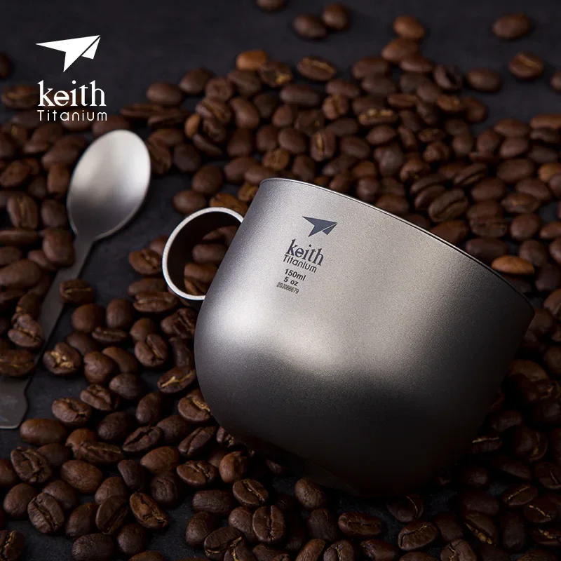 Keith Pure Titanium Double-Wall Coffee Cup with Saucer and Spoon, Coffee Set, Water Cup Ti3601