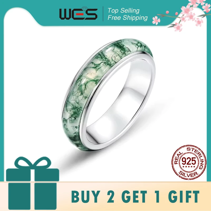 

WES 925 Sterling Silver Natural Moss Agate Ring For Women Unique Stone 4*22mm Christmas Gift Certified Jewelry Wedding Wholesale