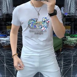 Men's Trendy T-shirt Diamond Leopard Luxury Man Clothing 2024 Summer New Design Fashion Brand Male Tees High quality Cotton Tops