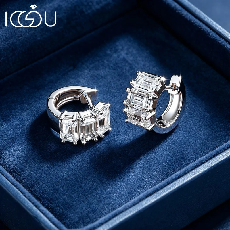 

IOGOU 4x6mm Emerald Cut Moissanite Simple Hoop Earrings D Color Lab Diamond Huggie Earrings for Women Anniversary Jewelry Gifts