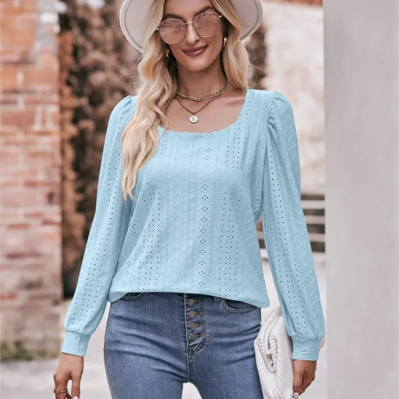 Elegant Solid Color Women's Top Autumn Square Neck T-shirt Hole Hollow Long Sleeved Casual Top Ladies 2024 New Product Versatile