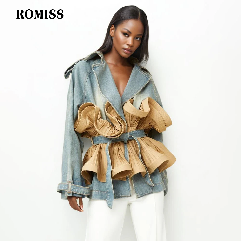 

ROMISS Hit Color Denim Coats For Women Lapel Long Sleeve Patchwork Ruffles Folds Tunic Fashion Coat Female Spring Clothing New