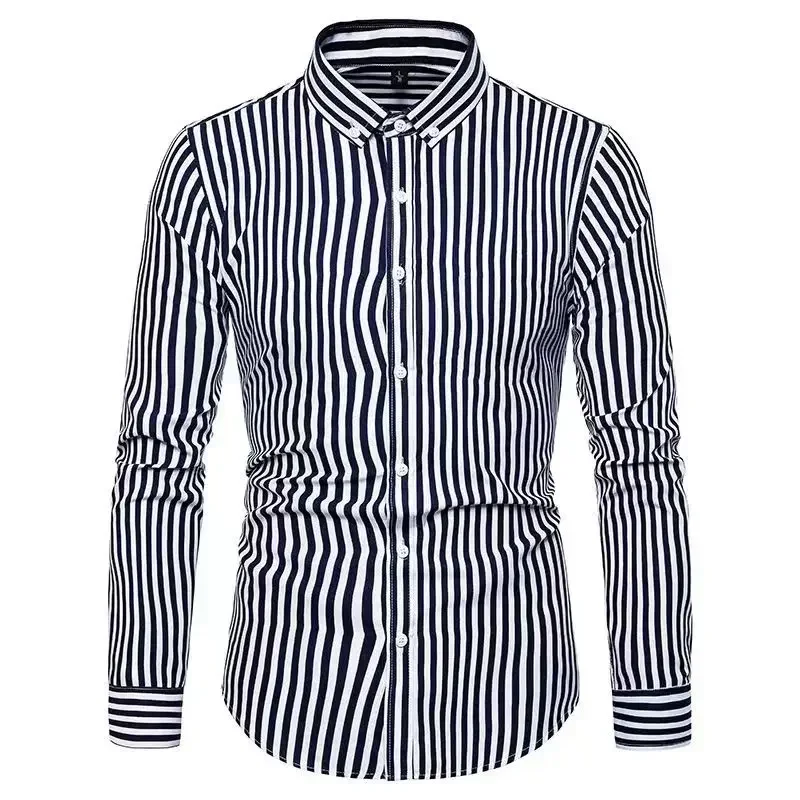 Men\'s Striped Casual Shirts, Business Formal Laydown Shirt, Korean Edition, Plus Size M-5XL Long Sleeve Slim Fit Shirts for Man