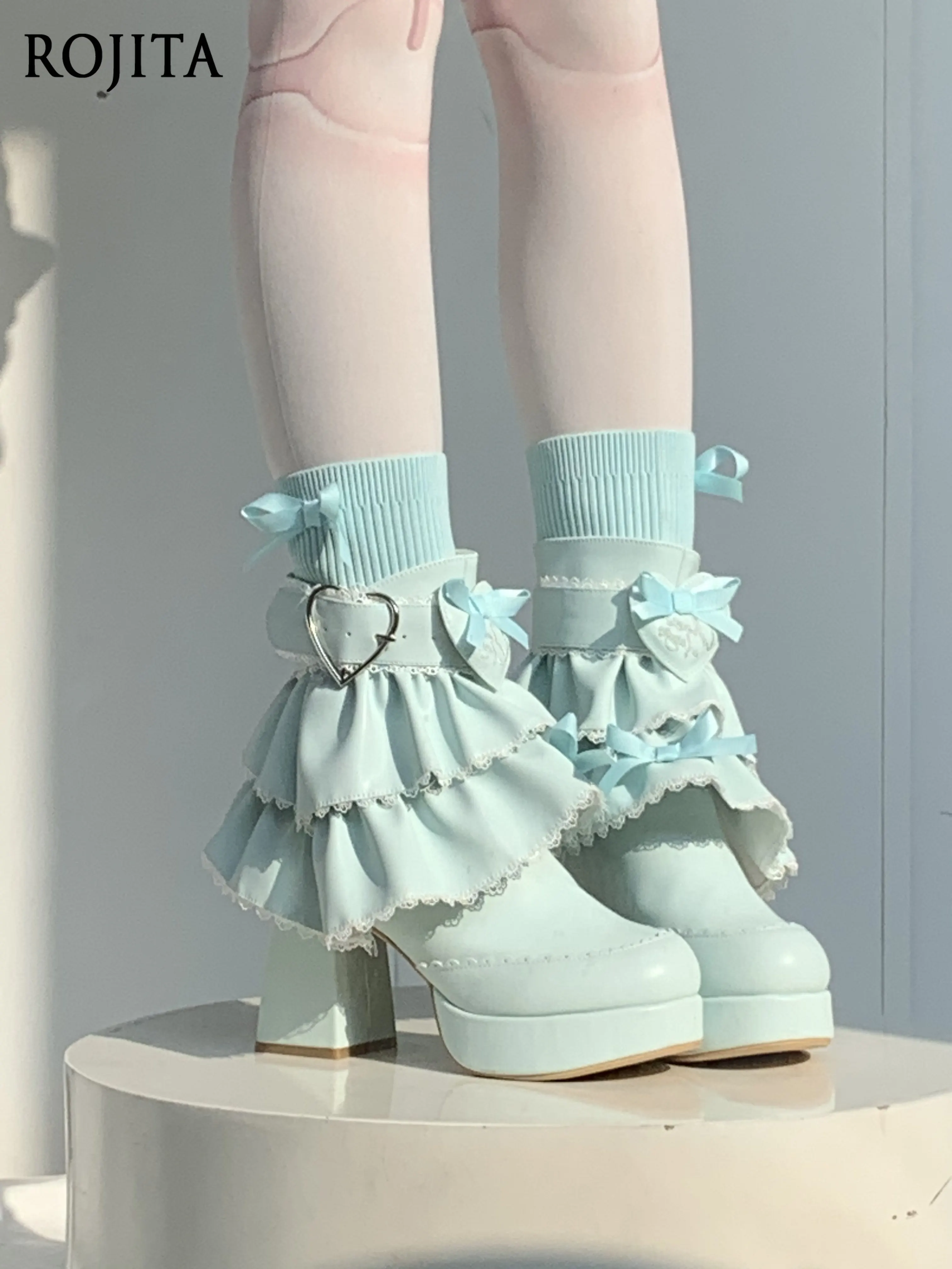 Kawaii Ruffle Lace Lolita Boots with Bow Sweet Thick Heel Waterproof Table Boots Kawaii Princess Boots for Girls Multiple Colors
