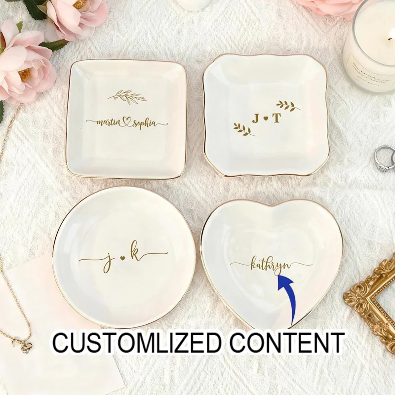 Custom Couples Initials Ceramic Trinket Dish, Gold Wavy Edge Ring Holder Tray,  Personalized Engagement Wedding Keepsake Gift.