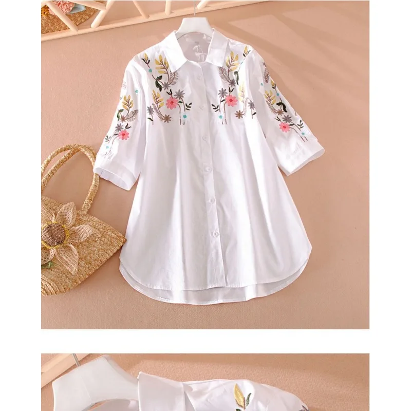 

Women's Floral Embroidered Shirt - Oversized Half-Sleeve Button-Down Blouse