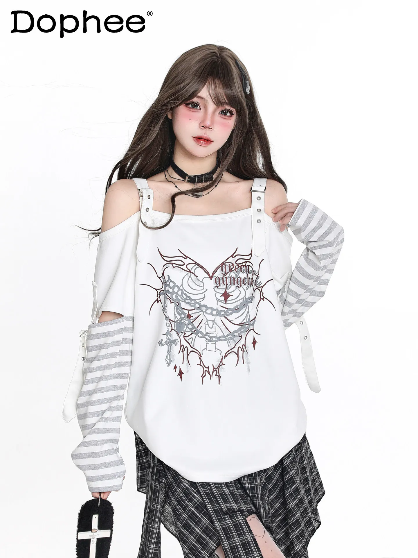 

Y2K Subculture Japanese-style Sweet Cool Hot Girl Off-shoulder Long-sleeve T-shirt for Women 2026 Spring Casual Top + Skirt