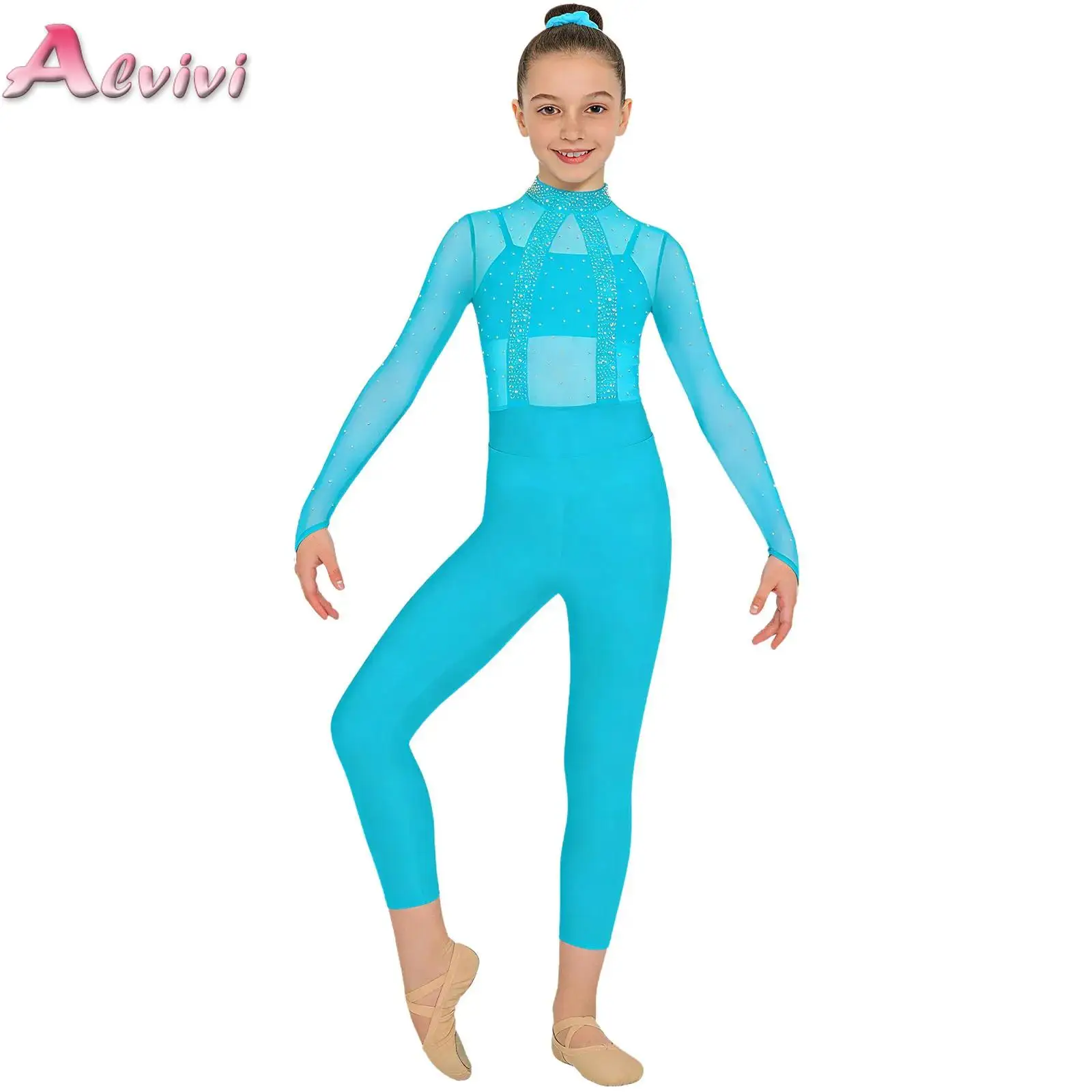 

Kids Girls Sports Suit Gymnastics Ballet Dance Costume Shiny Rhinestones Sheer Mesh Leotard with Camisole Leggings and Hairband