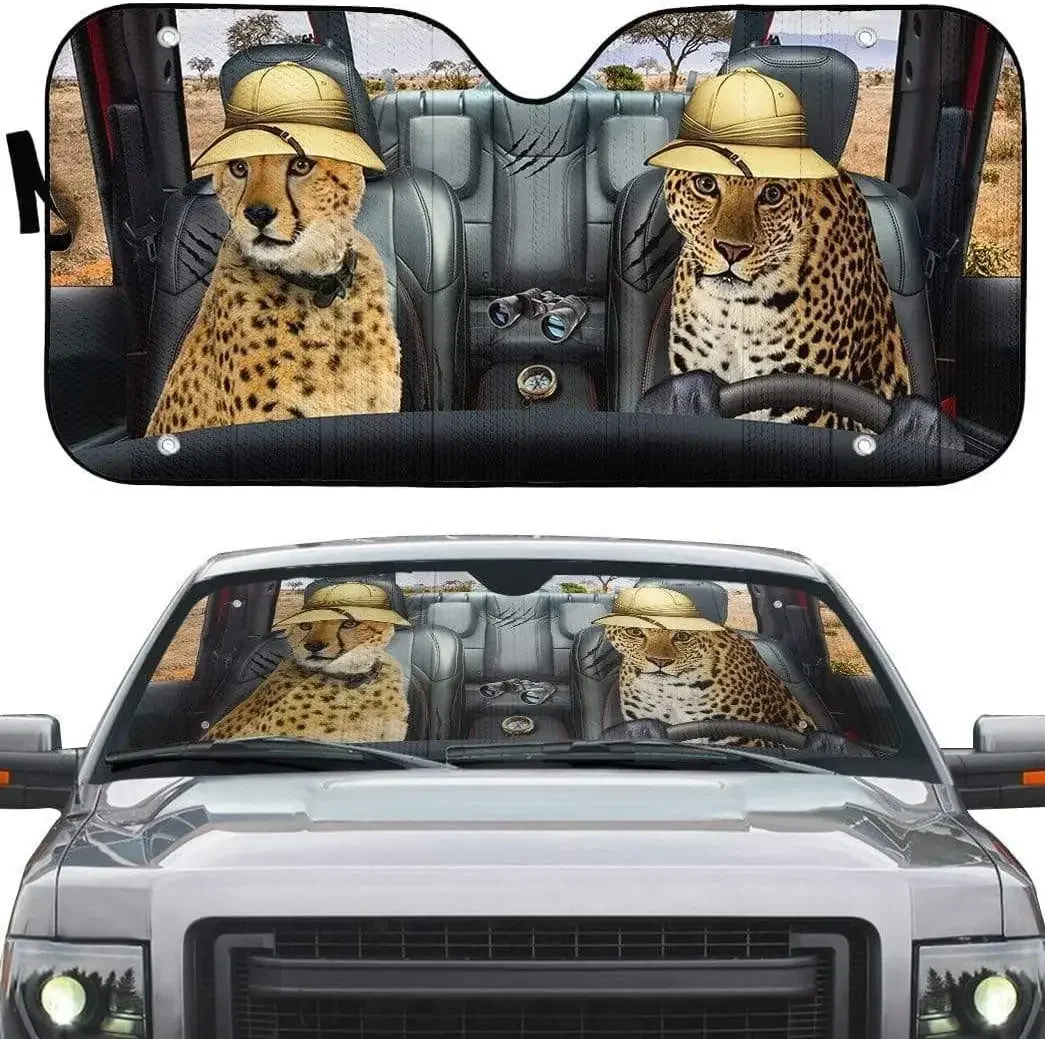 Cheetah and Leopard in Safari Wildlife Left Hand Drive Car Sunshade, Cheetah and Leopard Driving in Safari Auto Sun Shade for UV