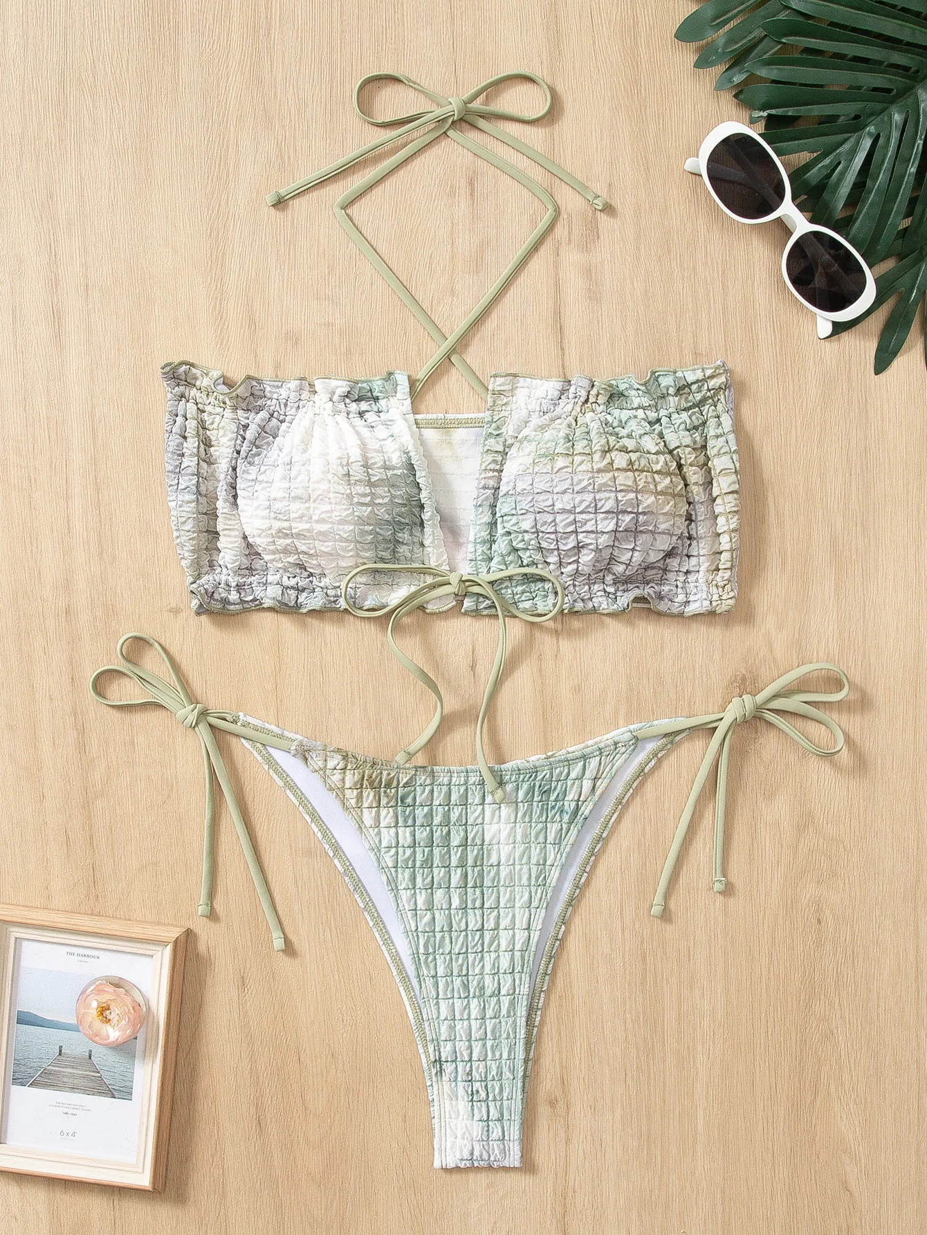 Sexy tie dye print bandeau bikini define duas peças halter enrugado maiô conjunto de biquíni tankini beachwear biquini