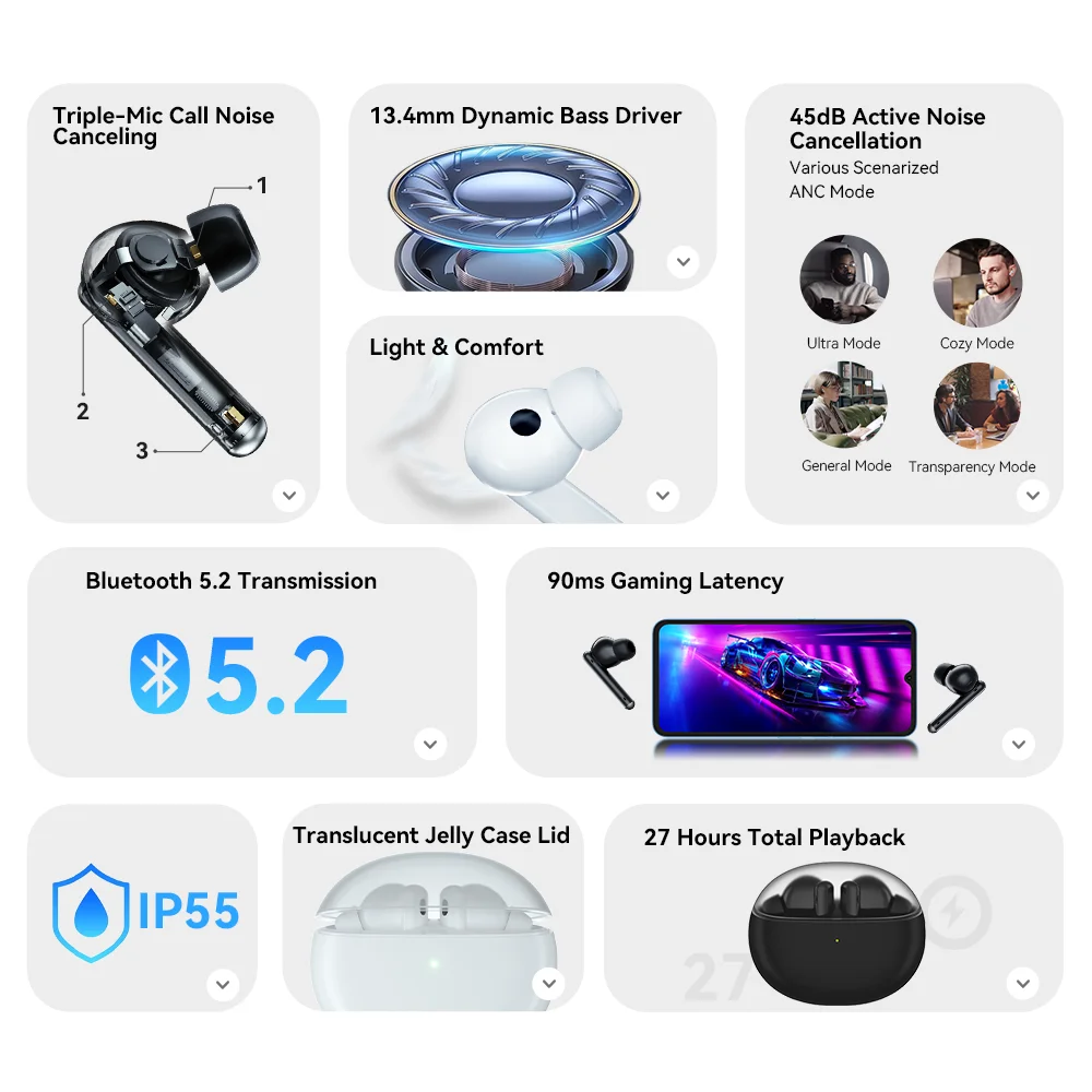 Umidigi ablebuds kostenlos kabelloser Kopfhörer 45db aktiv noice cancel ling ip55 wasserdichtes Spiel Musik Sport Bluetooth-Kopfhörer