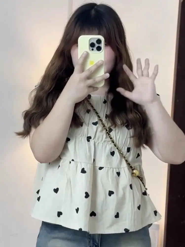 

Sweet Heart Print Loose Short Sleeve Shirt for Women Summer plus Size Korean Style Casual Comfortable Doll Shirt