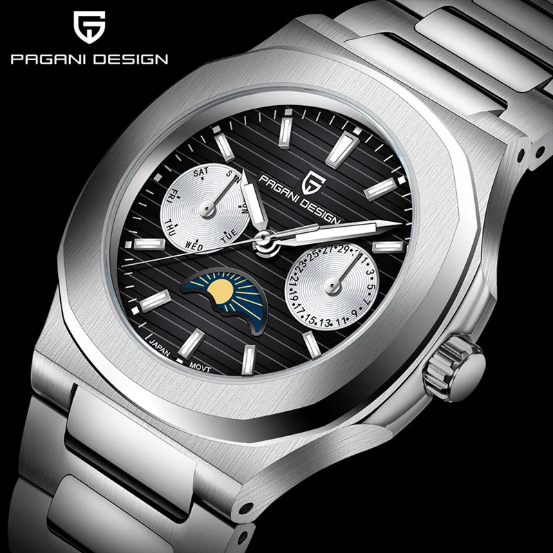 

NEW PAGANI DESIGN Month Men's Watches Quartz Japan VX3H Movt Sapphire Luminous Stainless Steel Luxury Wristwatch Waterproof 100M