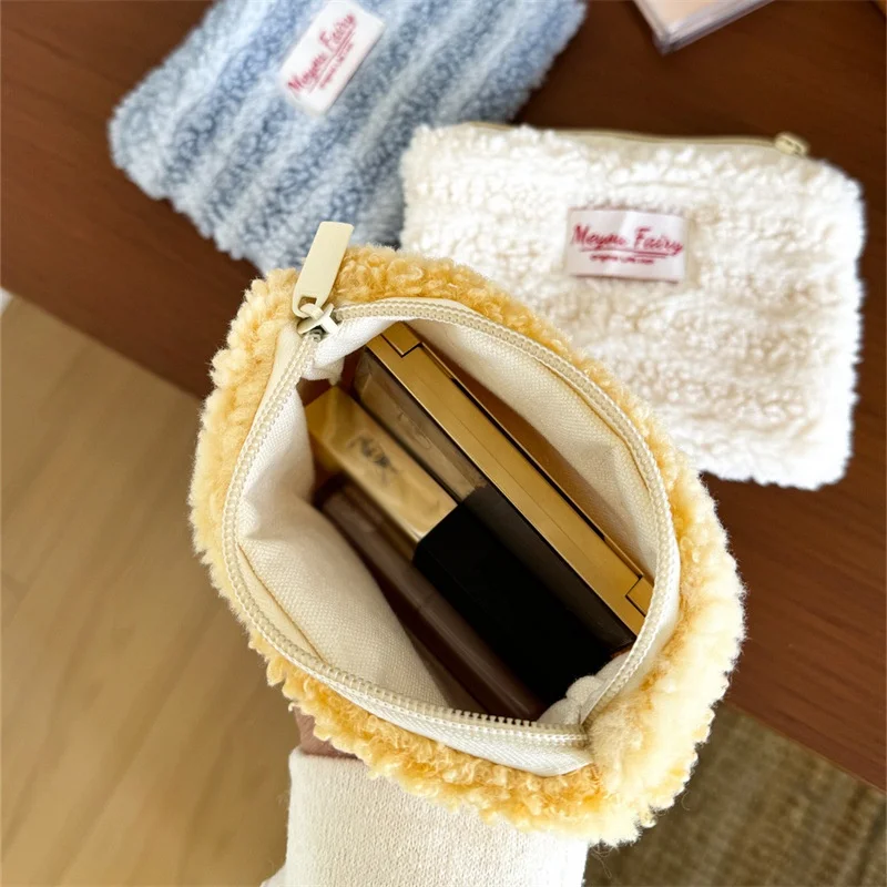 Plush lipstick makeup bag, dopamine Bluetooth earphone storage bag, cute coin purse, striped inner bag
