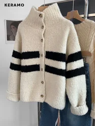 Women Vintage Striped Knitting Long Sleeve O-Neck Cardigans 2024 Winter England Fashion Casual Single Breasted Warm Sweater