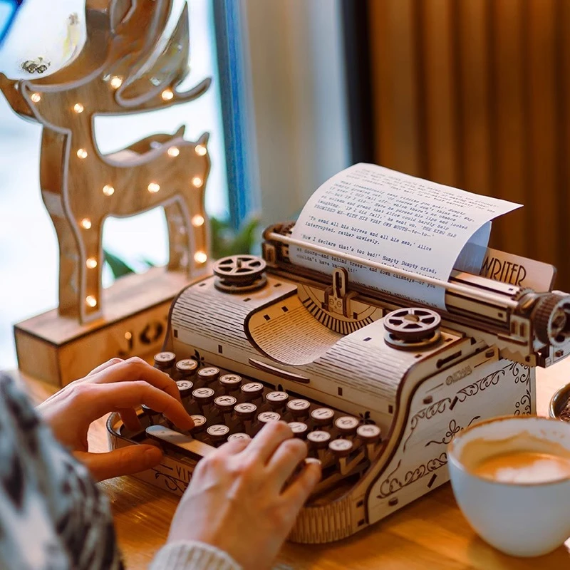 Retro typewriter handmade wooden building block assembly model