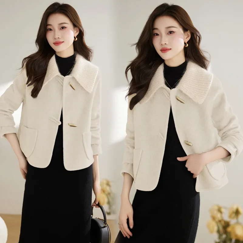 

Double-sided cashmere coat women's autumn and winter thin temperament knitted splicing Hepburn small fragrant short woolen coat