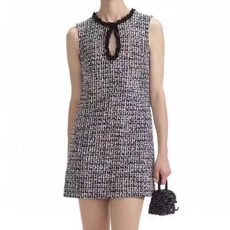 

Women Color blocking patchwork tweed embroidery beads o-neck sleeveless straight tank top dress