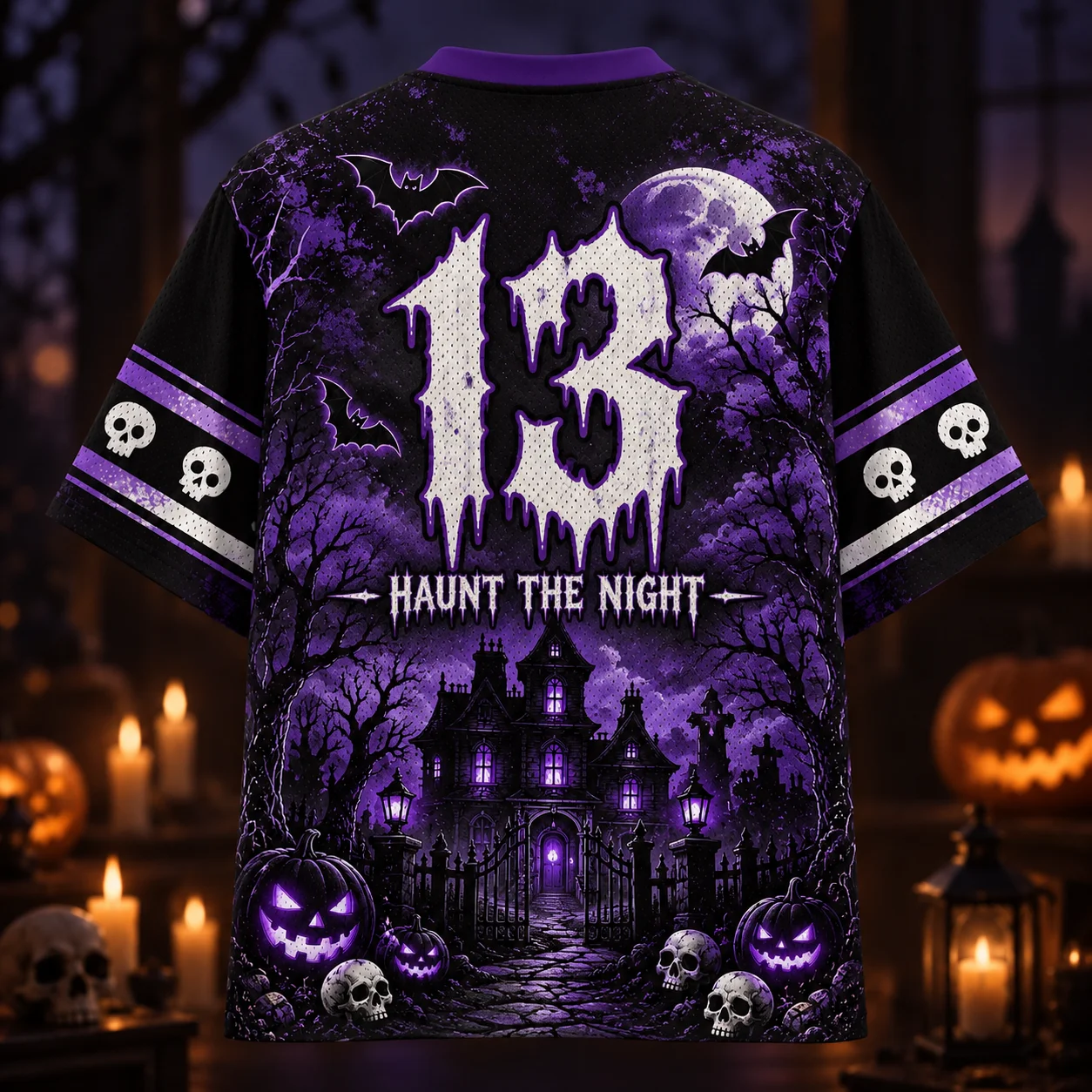 Halloween Midnight Haunt Mesh Jersey, Haunted House Pumpkin Skull Bat Moon V‑Neck Short Sleeve, Dark Spooky Oversized Party Top